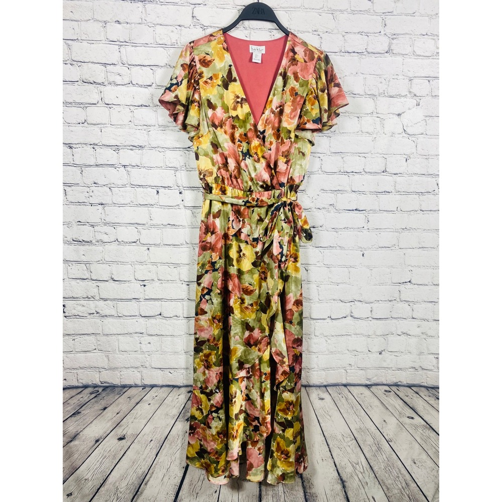 Nicole Miller Maxi Dress Women Wrap Floral Multicolor S Excellent Flutter Sleeve